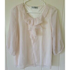 BEAMS HEART JAPAN Petite S/M Nude Silky Lace Top W Sheer Sleeve Ruffle Front